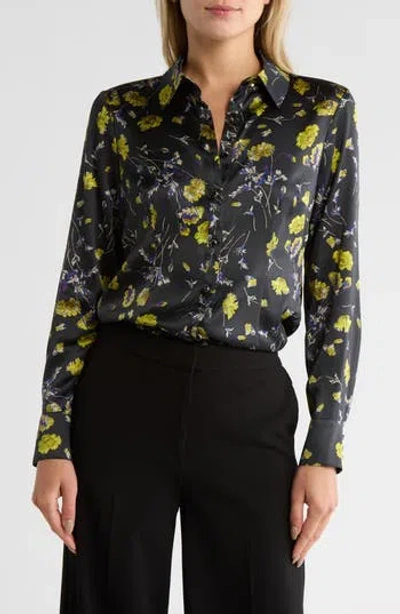 Cinq À Sept Petra Falling Poppies Stretch Silk Button-up Shirt In Black