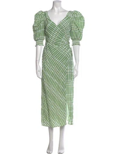 Pre-owned Cinq À Sept Plaid Print Long Dress In Green