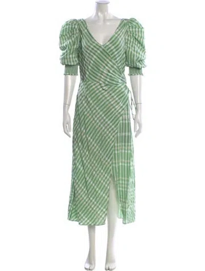Pre-owned Cinq À Sept Plaid Print Long Dress In Green