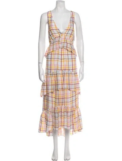 Pre-owned Cinq À Sept Plaid Print Long Dress In Orange