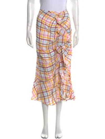 Pre-owned Cinq À Sept Plaid Print Midi Length Skirt In White