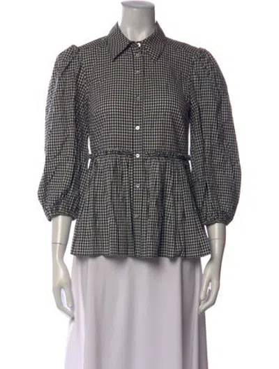 Pre-owned Cinq À Sept Plaid Print Three-quarter Sleeve Blouse In Black