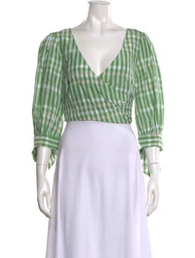 Pre-owned Cinq À Sept Plaid Print V-neck Blouse W/ Tags In Green