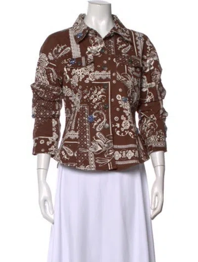 Pre-owned Cinq À Sept Printed Long Sleeve Button-up Top In Brown