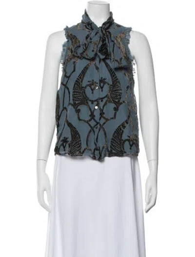 Pre-owned Cinq À Sept Printed Tie Neck Blouse In Blue