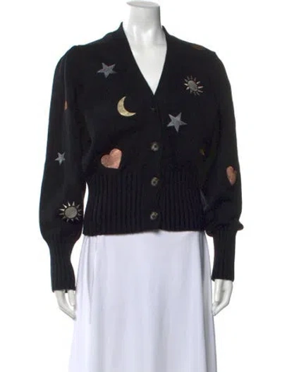 Pre-owned Cinq À Sept Printed V-neck Sweater In Black