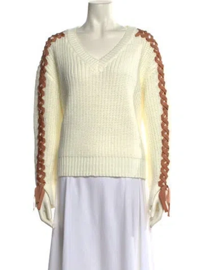 Pre-owned Cinq À Sept Printed V-neck Sweater In White