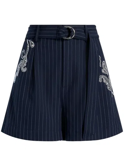 Cinq À Sept Rebecca Paisley-embroidered Pinstripe Shorts In Blue