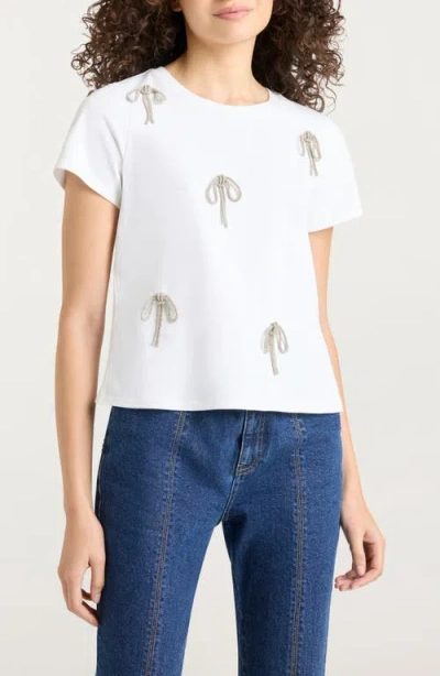 Cinq À Sept Rhinestone Bow Embellished Cotton Shrunken Tee In White