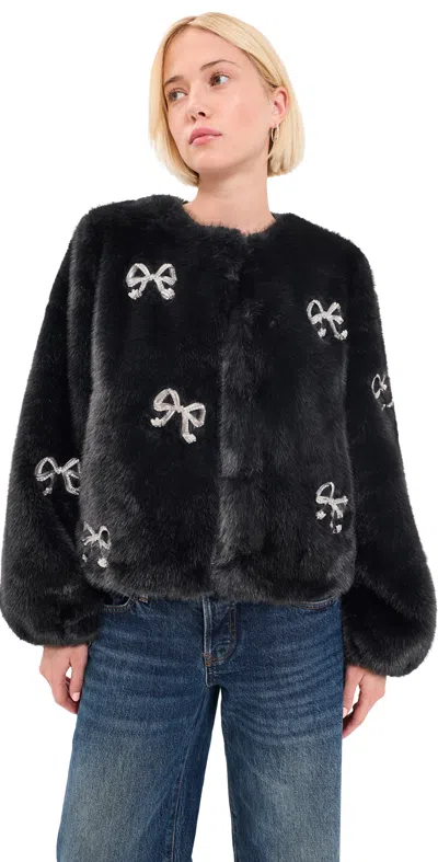 Cinq À Sept Rhinestone Bow Faux Mink Benson Coat Black