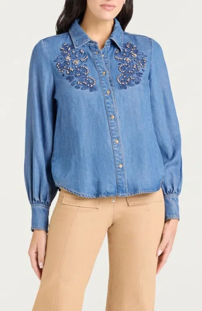 Cinq À Sept Rhinestone Embeliished Denim Button-up Shirt In Blue