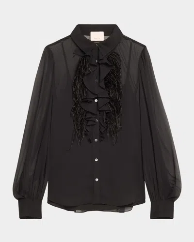 Cinq À Sept Rhonda Feather-trim Ruffle Top In Black