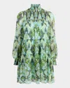Cinq À Sept Rika Long-sleeve Damask Mini Dress In Light Cyan Mult