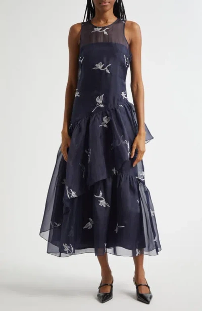 Cinq À Sept Roberta Embroidered Sleeveless Silk Cocktail Dress In Blue