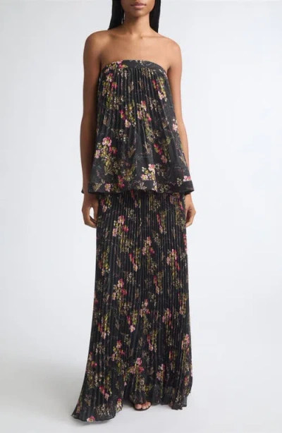 Cinq À Sept Ros Strapless Pleated Maxi Gown In Black Multi