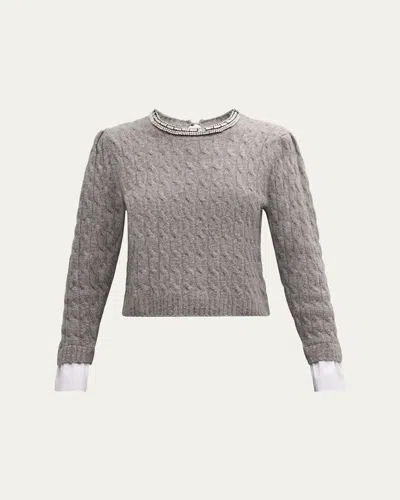 Cinq À Sept Rosario Necklace Cable-knit Combo Sweater In Light Heather G