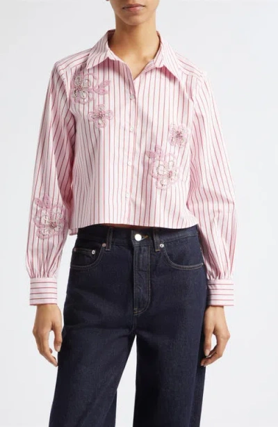 Cinq À Sept Rose Stripe Beaded Flower Button-up Shirt In Brown