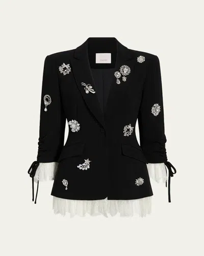 Cinq À Sept Roxie Crystal Brooch Blazer With Lace Trim In Black