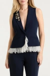 Cinq À Sept Roxie Faux Pearl & Crystal Detail Mixed Media Vest