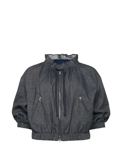 Cinq À Sept Ruffled-collar Herringbone Jacket In Blue