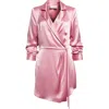 Cinq À Sept Sabina Scrunched-sleeve Satin Mini Wrap Dress In Primrose