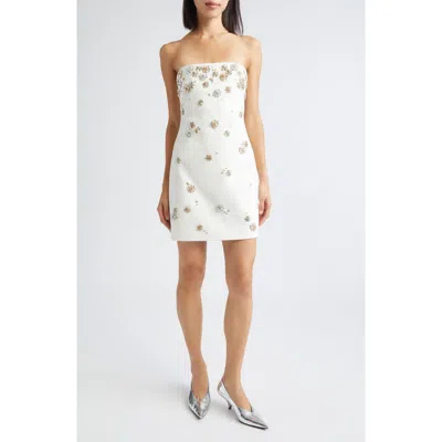 Cinq À Sept Samia Tumbling Crystal Flowers Strapless Dress In White