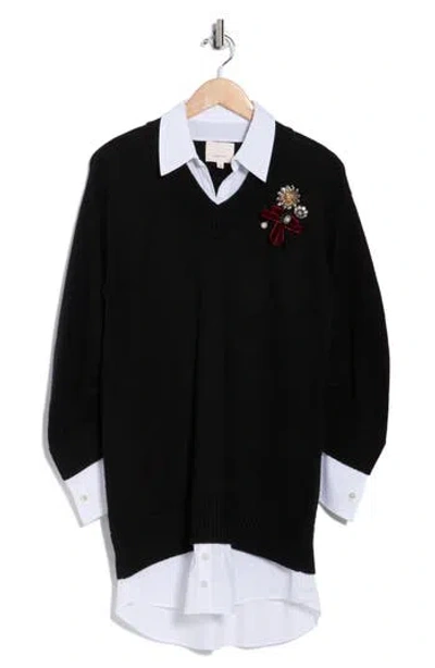 Cinq À Sept Santina Brooch Long Sleeve Twofer Sweater Dress In Black