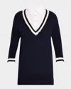 Cinq À Sept Santina Sequined Mixed Media Mini Dress In Navy/white