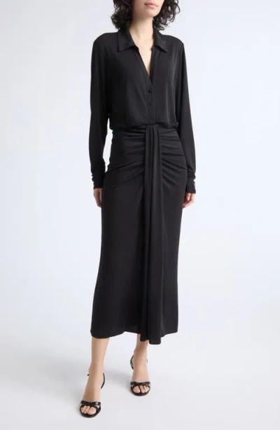 Cinq À Sept Seferina Ruched Detail Long Sleeve Shirtdress In Black