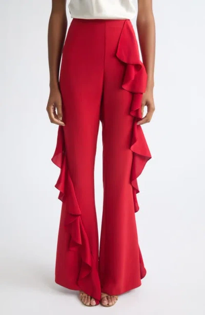 Cinq À Sept Selah Ruffled High Waist Flare Pants In Warm Cranberry
