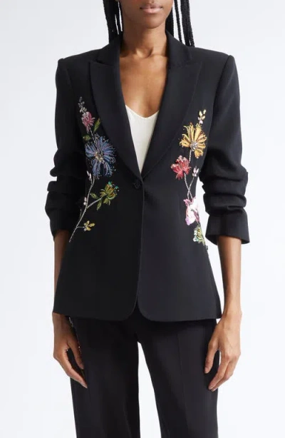 Cinq À Sept Sequin Floral Scrunched Sleeve Blazer In Black