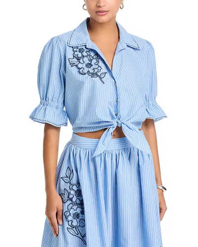 Cinq À Sept Serena Floral-embroidered Striped Shirt In Blue
