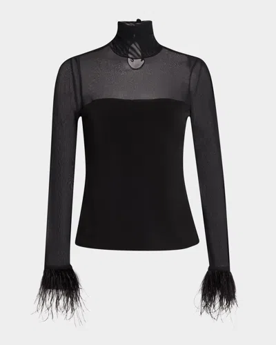 CINQ À SEPT SHANTEL FEATHER-TRIM TURTLENECK TOP