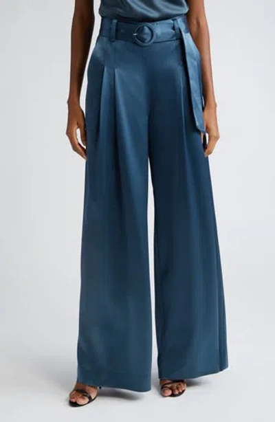 Cinq À Sept Shauna Belted Satin Wide Leg Pants In Blue