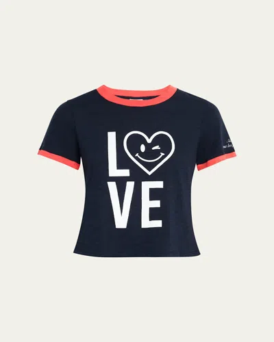 Cinq À Sept Short-sleeve Love Heart Smiley Ringer Tee In Navy/white