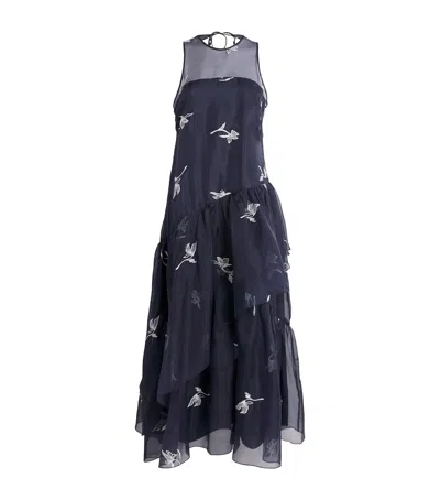 Cinq À Sept Silk Embroidered Roberta Midi Dress In Navy/ivory