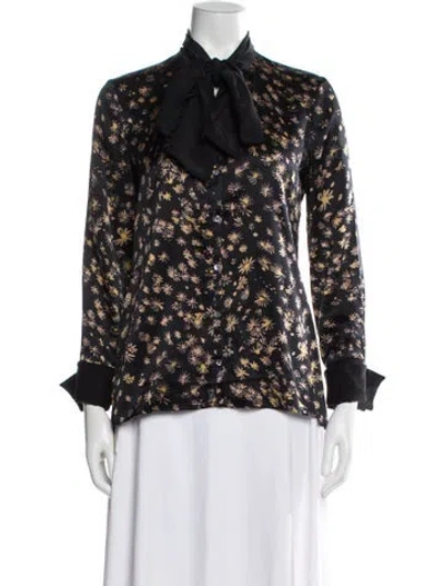 Pre-owned Cinq À Sept Silk Floral Print Blouse In Black