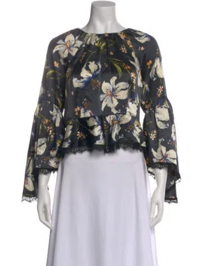 Pre-owned Cinq À Sept Silk Floral Print Blouse In Gray