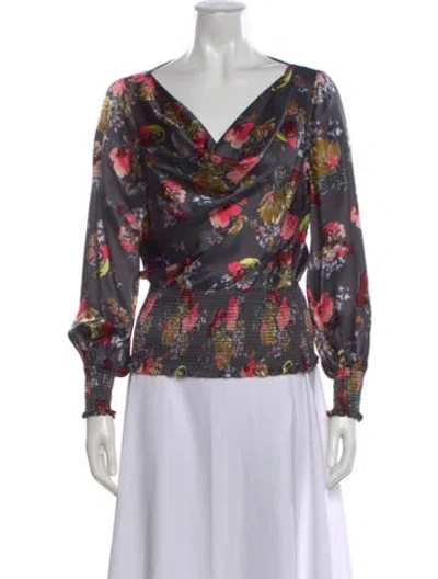 Pre-owned Cinq À Sept Silk Floral Print Blouse In Gray