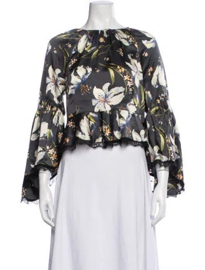 Pre-owned Cinq À Sept Silk Floral Print Blouse In Gray
