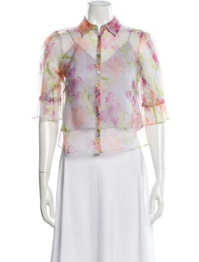 Pre-owned Cinq À Sept Silk Floral Print Blouse In White