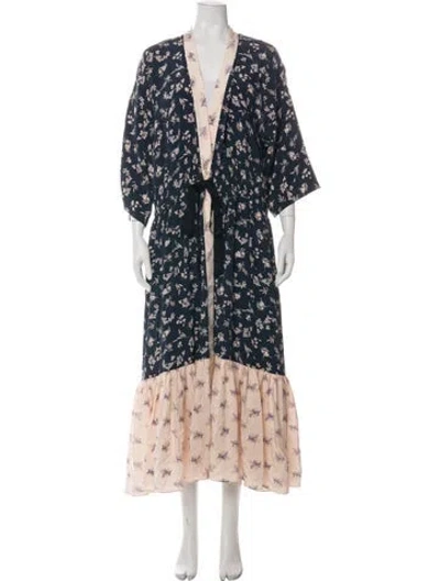 Pre-owned Cinq À Sept Silk Floral Print Robe W/ Tags In Blue