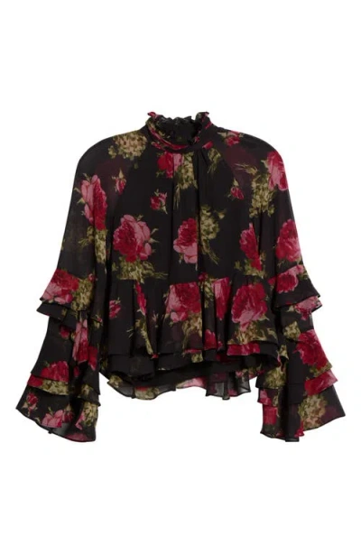 Cinq À Sept Skylah Baroque Roses Ruffle Top In Black
