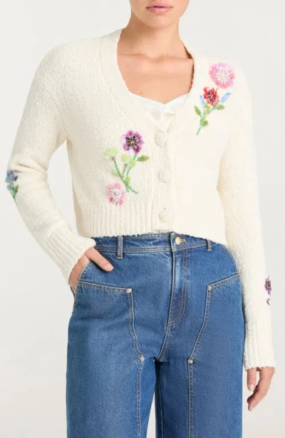 Cinq À Sept Solene Floral Embellished Bouclé Cardigan In Neutral