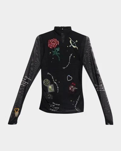 Cinq À Sept Starry Scribbles Mesh Turtleneck Top In Black Mult