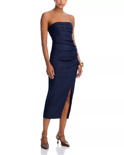 Cinq À Sept Strapless Adira Midi Dress In Indigo Denim In Blue