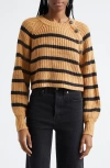 Cinq À Sept Stripe Shaker Stitch Crop Sweater In Camel/black