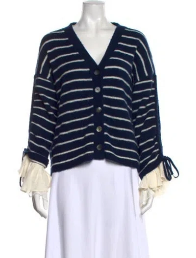 Pre-owned Cinq À Sept Striped V-neck Sweater In Blue