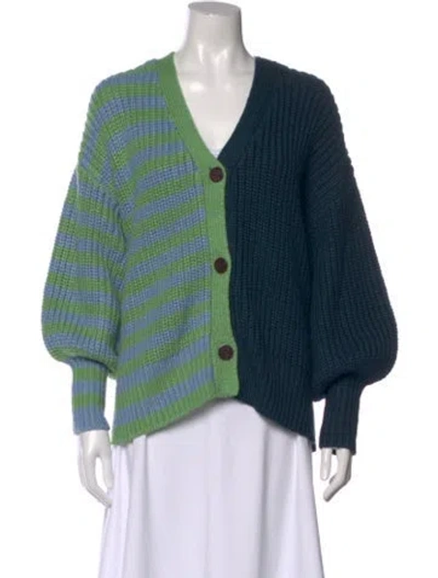 Pre-owned Cinq À Sept Striped V-neck Sweater In Green