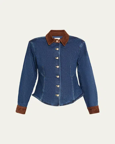 Cinq À Sept Suede Combo Autumn Denim Top In Blue